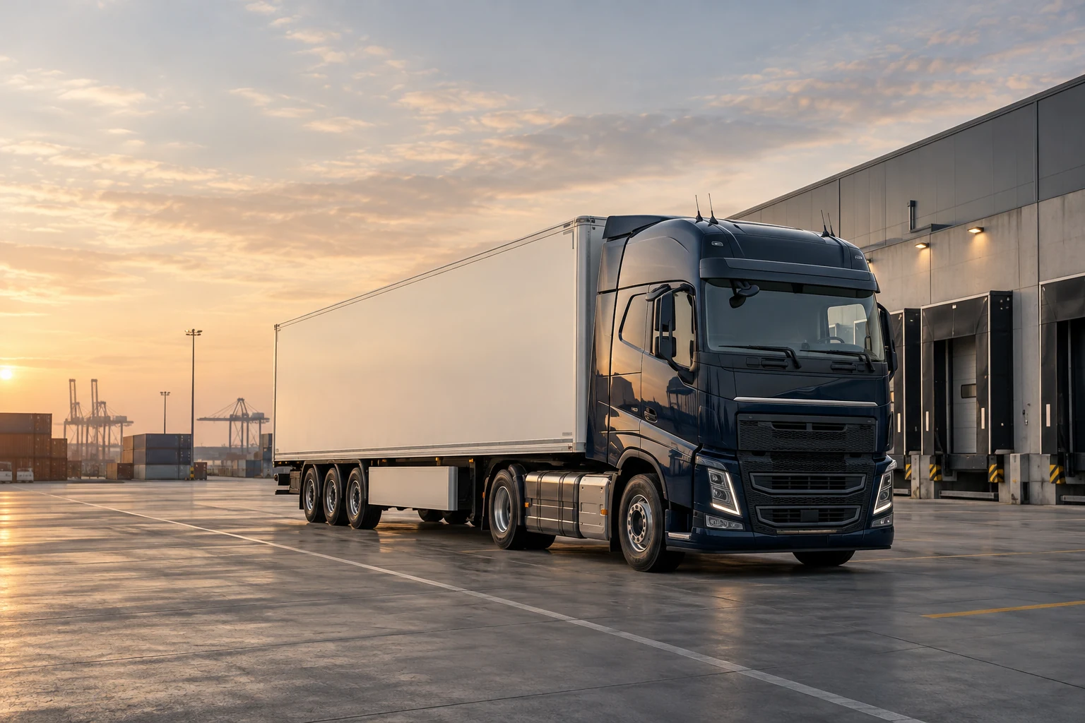 Donkerblauwe vrachtwagen bij een distributiecentrum in ochtendlicht